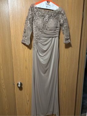 Azazie Alisondra Taupe Evening Dress with Lace Bodice